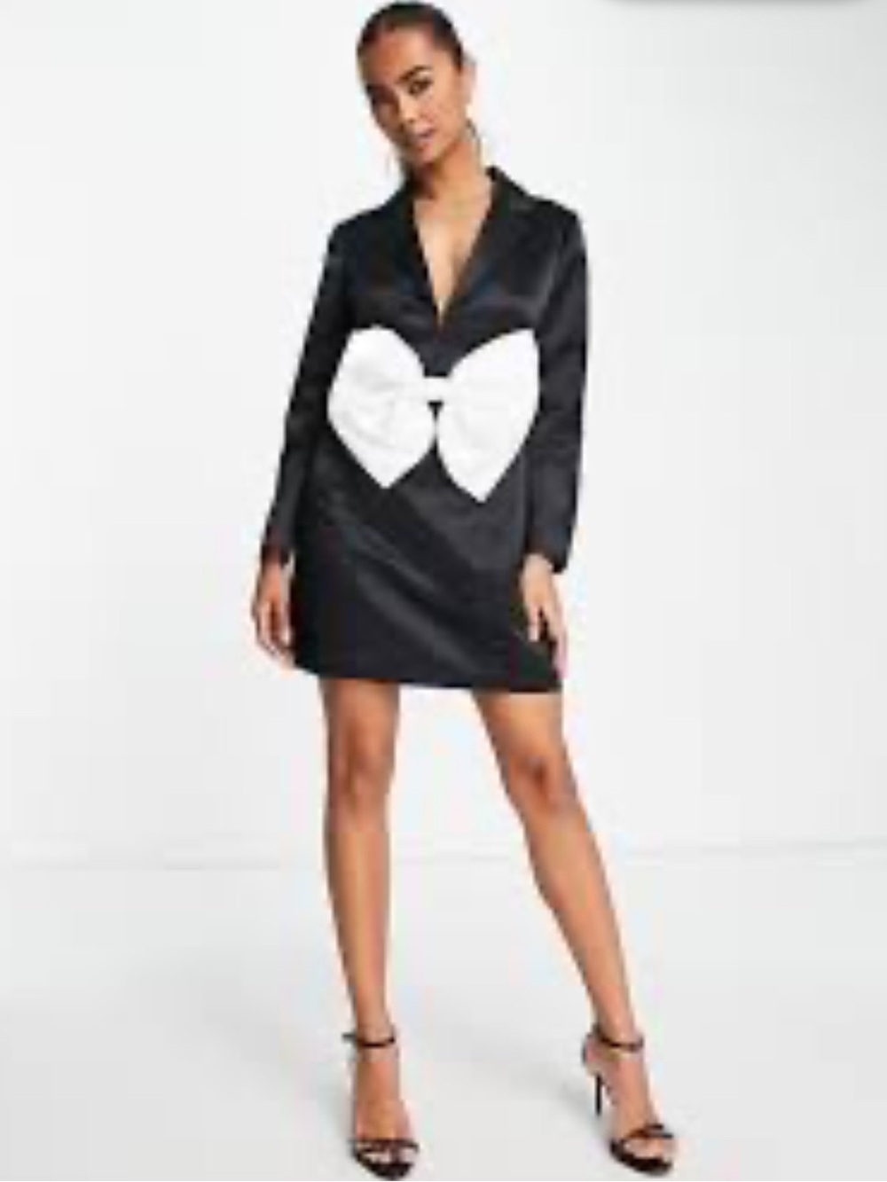 Band Of Stars premium contrast organza bow satin mini dress in white and black